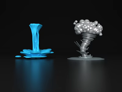 Decorative Ornament Set Featuring Blue Flowing Liquid Shape And Silver Spiral Sphere Design 3d model