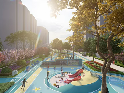 Sunlit Kids Playground With Slide Sandpit Colorful Ground Trees And Residential Buildings 3d model
