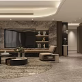 Modern Living Dining Room Interior With Sofa Coffee Table Round Rug And Bookshelves