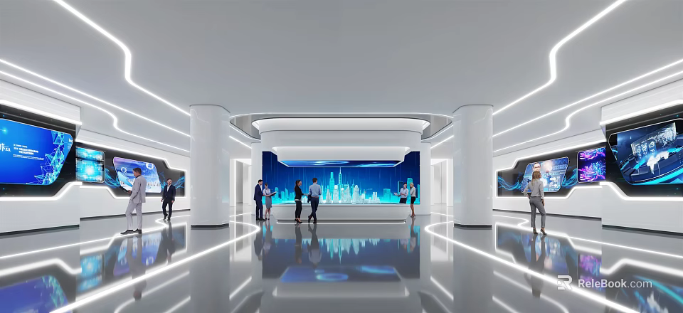 Modern Exhibition Hall with Large Digital Screen and Visitors Exploring Tech Displays 3d model