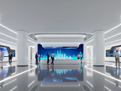 Modern Exhibition Hall with Large Digital Screen and Visitors Exploring Tech Displays 3d model