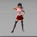 Stylish Female Character With Purple Hair Pink Shirt Red Pleated Skirt And Black Stockings Posing