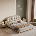 Modern Bedroom Interior With Brown Leather Padded Headboard Beige Dark Green Walls And Wall Lamp
