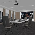 Modern Conference Room With Long Table Grey Office Chairs Large Screen Projector And City View
