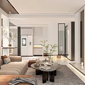 Modern Dining and Living Room Interior With Sofa Coffee Table Dining Table And Marble Wall Decor