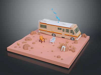 Orange and White RV Campsite with Folding Chair Ladder Rocks and Small Plants 3d model