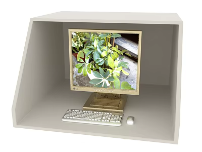 White Computer Workstation With Monitor Showing Green Plant Image Keyboard And Mouse 3d model