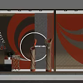 Modern Shop Window Featuring Orange Red Gray Curved Patterns Yellow Grapes And Wine Bottles