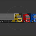 Colorful Cargo Trucks Yellow Red Blue Parked Together With Trailers On Reflective Surface