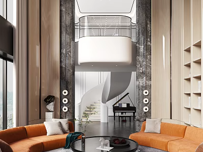 Spacious Duplex Living Room Interior With Orange Sofas White Spiral Staircase And Marble Walls 3d model