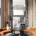 Spacious Duplex Living Room Interior With Orange Sofas White Spiral Staircase And Marble Walls