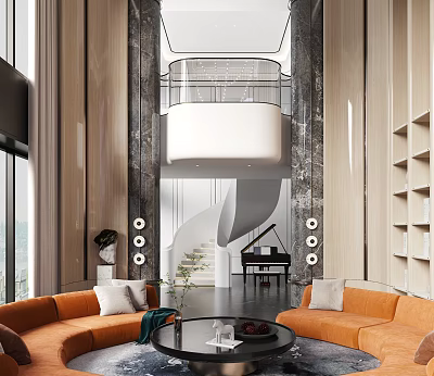 Spacious Duplex Living Room Interior With Orange Sofas White Spiral Staircase And Marble Walls 3d model