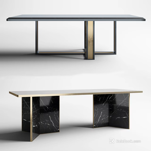 Modern Black Marble Dining Table With Gold Metal Frame And Elegant Design 3d model
