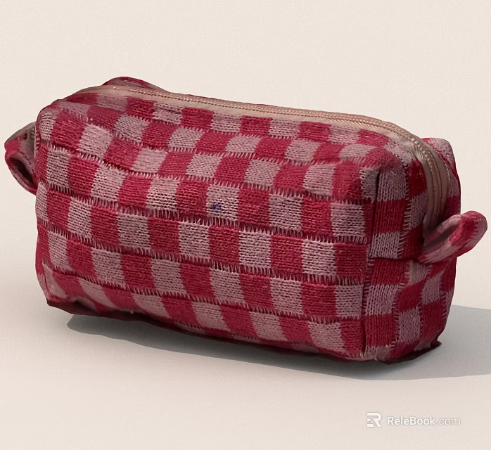Red And White Checkered Cosmetic Bag With Zipper And Small Handles 3d model 