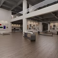 Spacious Two Story Exhibition Hall With Modern Display Tables And Wall Artworks