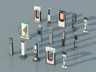 Various Electric Vehicle Charging Stations With Modern Designs And Different Styles 3d model