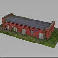 Red Vintage Building Featuring Gray Roof Grass Surroundings and Doors Windows