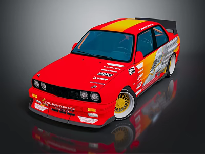Red Racing Car Featuring Yellow Silver Livery Rear Spoiler And Sporty Wheels 3d model