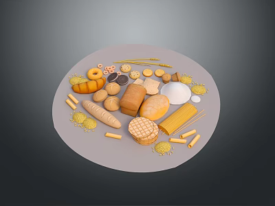 Display of Assorted Food Breads Noodles and Grains on Circular Plate 3d model