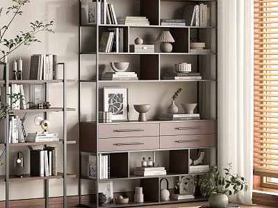 Modern Minimalist Shelf Design With Books Decorative Items Drawers And Plants 3d model