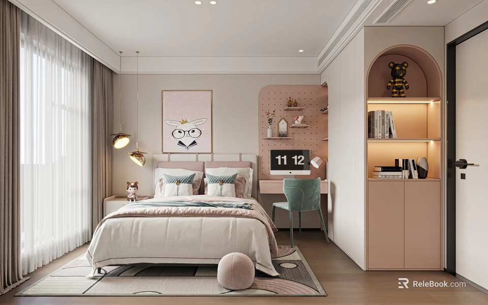 Cozy Modern Kids Bedroom Interior With Bed Desk And Decor 3d model 