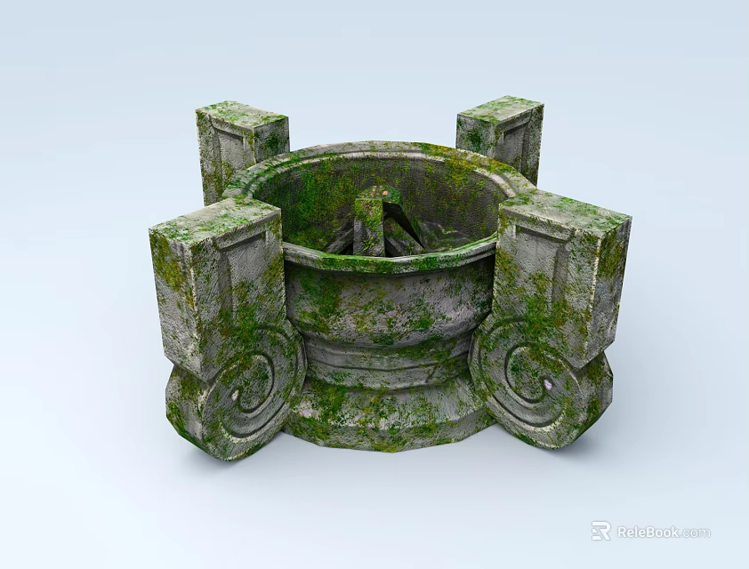 Antique Moss Covered Stone Stove With Four Square Pillars And Ornate Carvings 3d model 