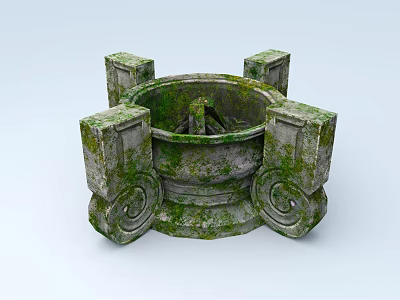 Antique Moss Covered Stone Stove With Four Square Pillars And Ornate Carvings 3d model