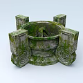 Antique Moss Covered Stone Stove With Four Square Pillars And Ornate Carvings