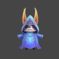 Cute Fantasy Creature Character In Hooded Blue Cloak With Yellow Horns And Purple Patterns