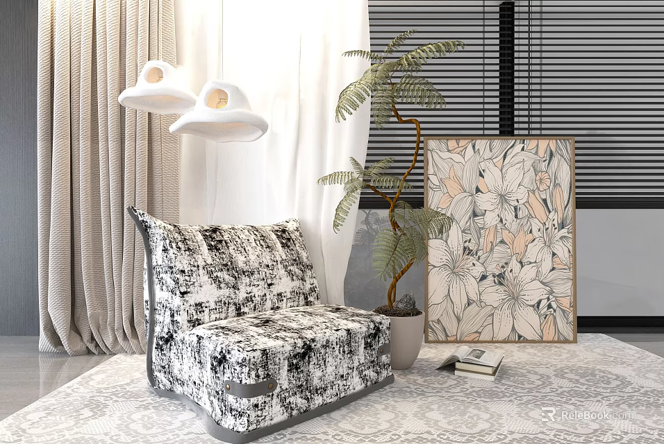 Black White Patterned Accent Chair With Curtains Potted Plant Floral Painting And Area Rug 3d model 