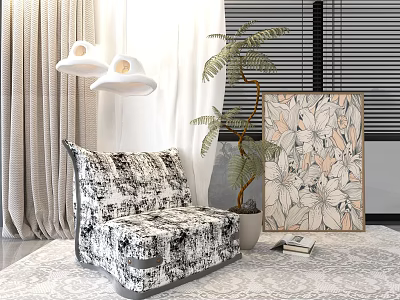 Black White Patterned Accent Chair With Curtains Potted Plant Floral Painting And Area Rug 3d model
