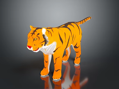 Stuffed Tiger Toy With Orange Black Stripes White Belly In Standing Pose And Reflection 3d model