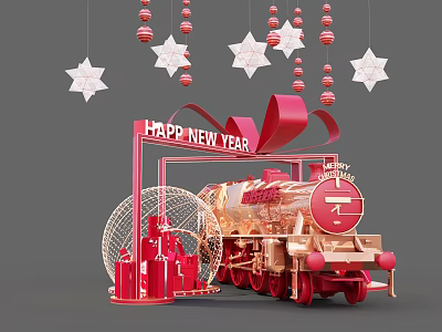 Happy New Year Decorative Display With Red Train Stars And Gift Boxes 3d model