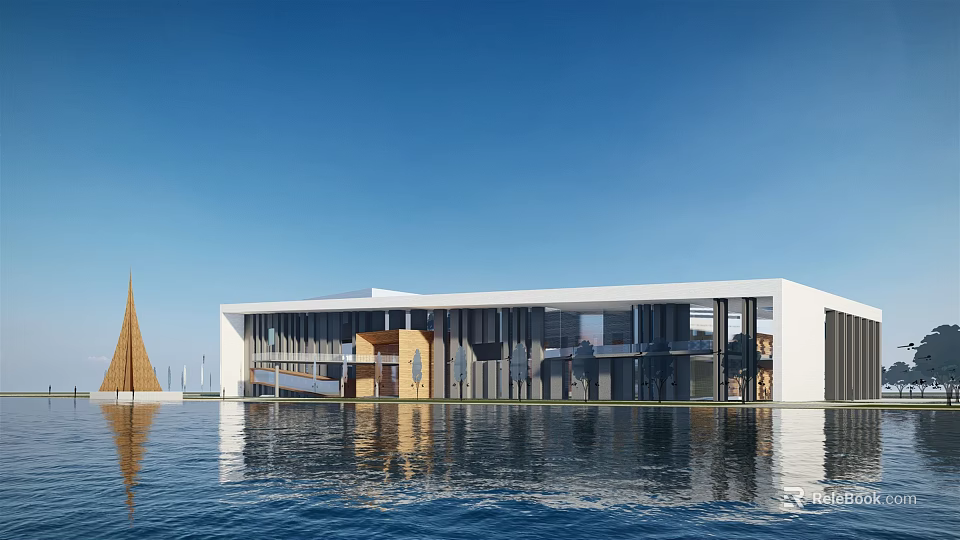 Modern Commercial Complex Exterior Featuring Glass Curtain Wall And Water Reflection Design 3d model 