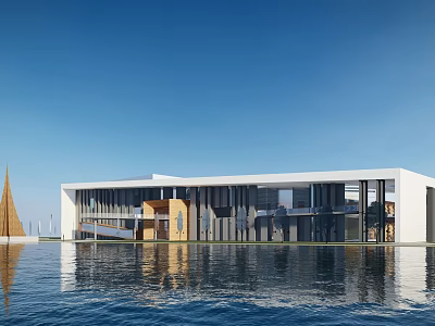 Modern Commercial Complex Exterior Featuring Glass Curtain Wall And Water Reflection Design 3d model
