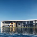 Modern Commercial Complex Exterior Featuring Glass Curtain Wall And Water Reflection Design
