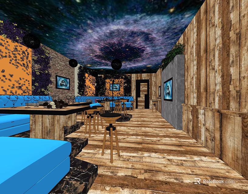 KTV Lounge Interior With Starry Ceiling Wooden Walls And Blue Sofas 3d model