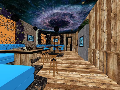 KTV Lounge Interior With Starry Ceiling Wooden Walls And Blue Sofas 3d model