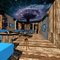 KTV Lounge Interior With Starry Ceiling Wooden Walls And Blue Sofas 3d model
