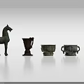 Ancient Bronze Artifacts Collection With Horse Statue And Various Containers