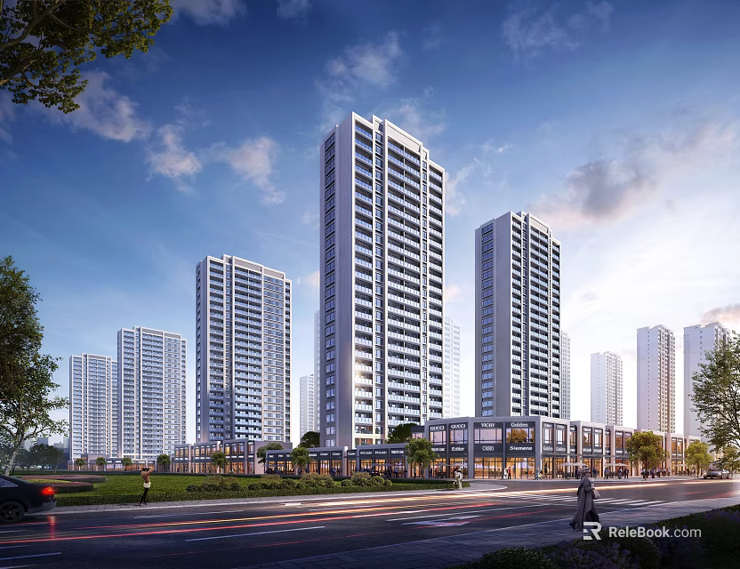 Modern High Rise Residential Building With Greenery Street View And Urban Surroundings 3d model 
