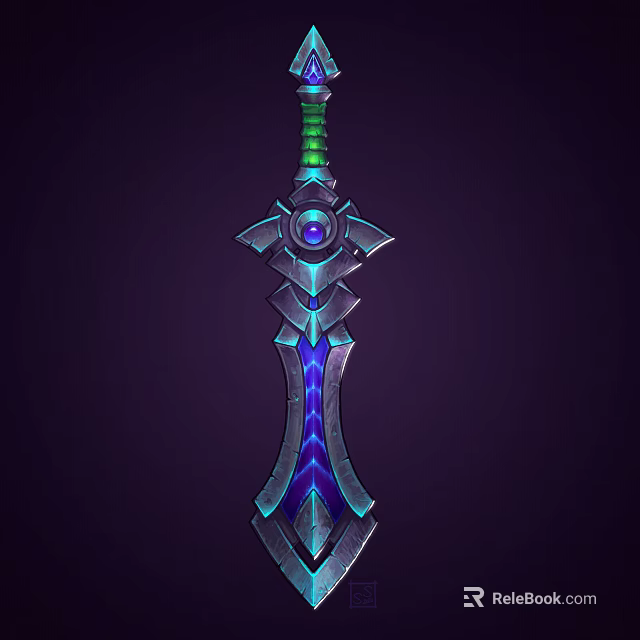Fantasy Sword With Glowing Blue And Green Energy Metallic Decorative Hilt Design 3d model 