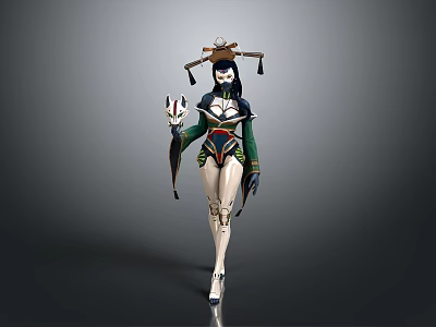 3D Female Character With Oriental Traditional Sci Fi Style Decorative Hat And Staff 3d model