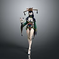 3D Female Character With Oriental Traditional Sci Fi Style Decorative Hat And Staff
