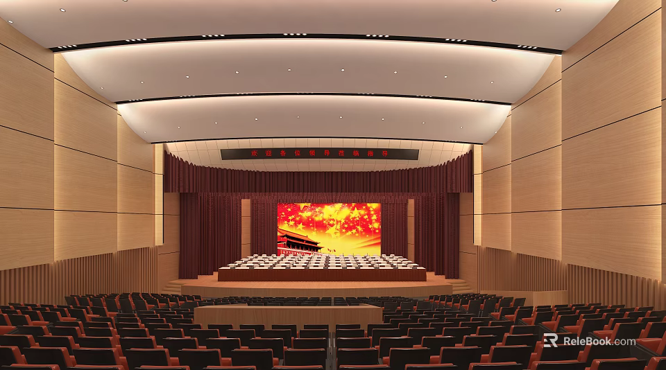 Spacious Conference Room Interior With High Ceiling Large Stage And Red Screen 3d model