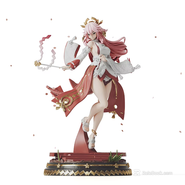 Anime Character Figurine With Pink Long Hair White Red Outfit Holding Staff Falling Petals And Decorative Base 3d model 