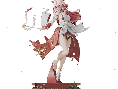 Anime Character Figurine With Pink Long Hair White Red Outfit Holding Staff Falling Petals And Decorative Base 3d model