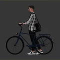 Blue Bicycle Featuring Front Light Rear Rack And Black Backpack With Man In Plaid Shirt