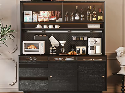 Modern Black Sideboard With Wine Bottles Coffee Machine Microwave And Storage Cabinets 3d model