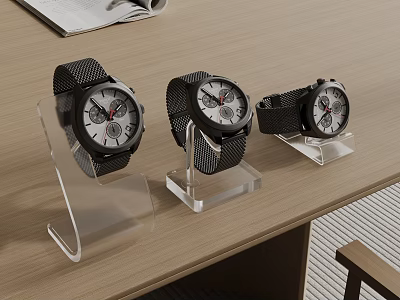 Three Wristwatches On Acrylic Display Stands Over Desktop 3d model